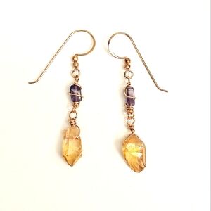 Yellow Crystal Point and Amethyst Wire Wrapped Earrings